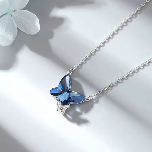 Butterfly Necklace Blue Zircon Stone and Pave Set AAA Cubic Zirconias - Picture 2 of 6